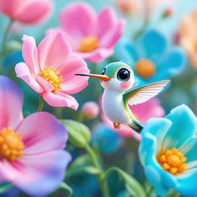 The primary subject of the image is a small, colorful bird with a long beak, standing on a flower. The bird is surrounded by a variety of colorful flowers, creating a vibrant and lively scene. The setting appears to be a garden or a natural environment, with the bird being the main focus of the image. The visual style is a combination of photo and digital art, as the bird and flowers are depicted in a realistic manner while the bird's long beak and the overall composition give the image a